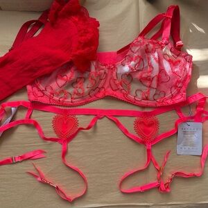 Savage X Fenty Hot Pink Heart Lace Underwire Bra & Garter Set